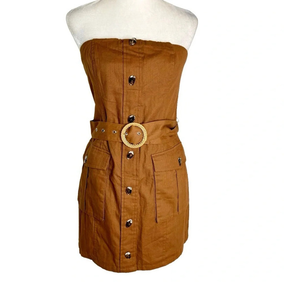 Lulus Best Reason Cotton Button Front Belted Strapless Mini Dress Brown Size M - Picture 3 of 9